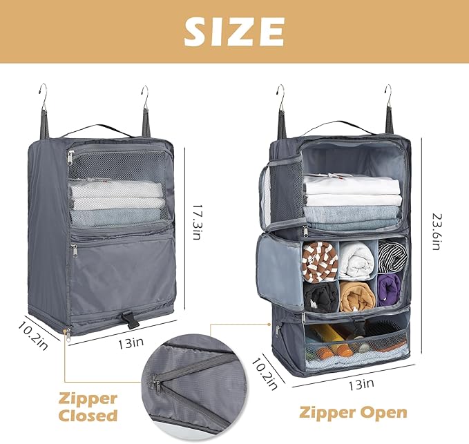 Surblue Hanging Shelves Travel Storage Bag Compression Packing Cube for Suitcase Collapsible with Extension Layer Large Capacity, Grey,XL