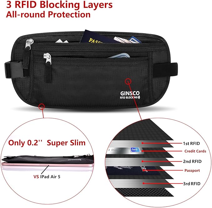 Money Belt for Travel Women Hidden Ginsco Slim RFID Blocking Passport Holder Unisex Travel Money Belt Under Clothes Anti Theft Travel Hidden Wallet for Travelling Workout Running Black 11''