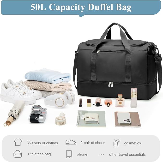 Large Duffle Bag for Travel,Carry-On Overnight Weekender Bags for Women,Travel Duffel Bag,Black