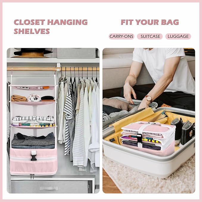Surblue Hanging Closet Storage Bag Collapsible 3-Shelf Washable Oxford Fabric with 2 Hooks (L 11.41 * 11.41 * 19.68in, Pink)