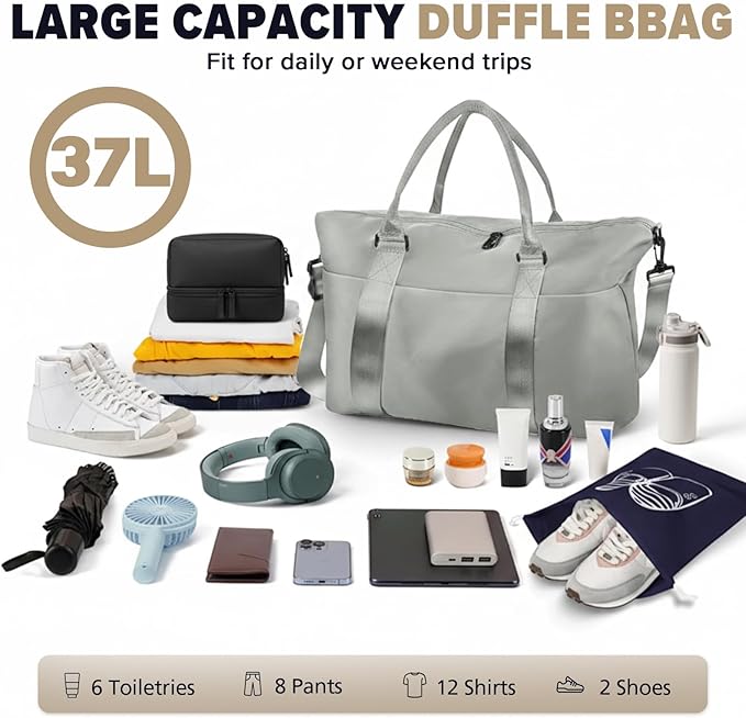 Travel Duffle Bag, Weekender Travel Bag Men Small Gym Bag for Women, Hospital Bag for Labor and Delivery, Overnight Bag Luggage Bag with Trolley Sleeve, Airplane Travel Essentials for Flying(Grey)