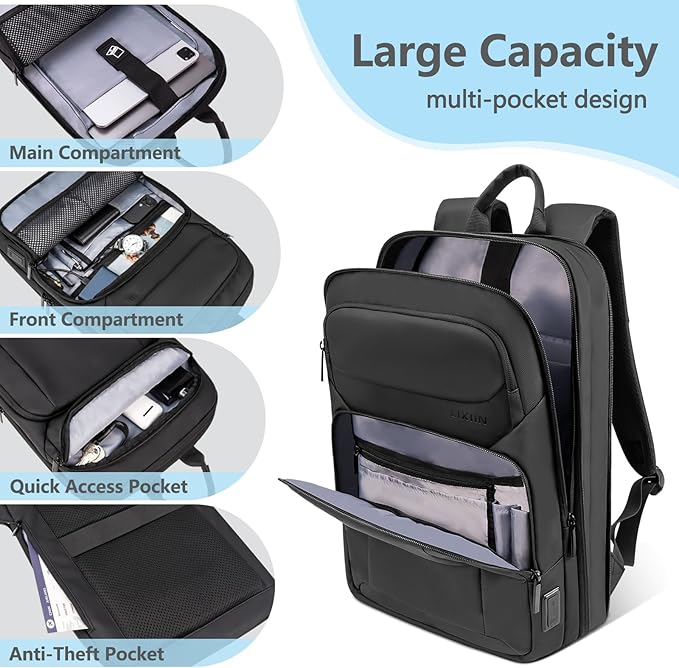 Backpack for Men Slim & Expandable Travel Laptop Backpack with USB Charging Port Water Resistant Anti-Theft Business Backpack Fits 17.3In Laptop for Commute Work College with Small Bag（Business Black）