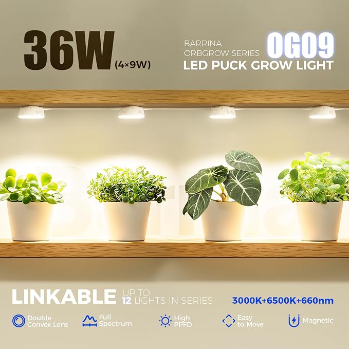 Barrina Orbgrow OG09 Puck Grow Light, 36W(4 x 9W), 660nm Red LEDs, 4 Packs | Full Spectrum Plant Light for Indoor Plants, Magnetic & Linkable, Small Grow lamp, Perfect for Plant Shelf