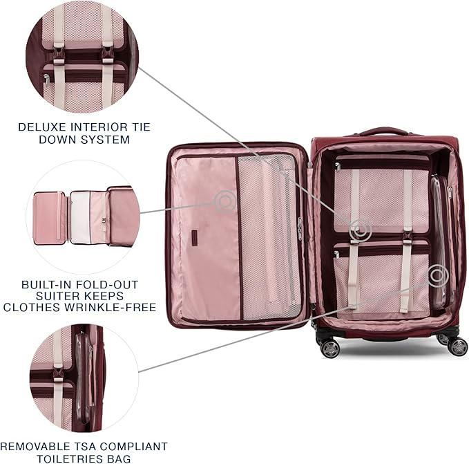 Travelpro Platinum Elite Softside Expandable Checked Luggage, 8 Wheel Spinner Suitcase, TSA Lock, Men and Women, Bordeaux Red, Checked Medium 25-Inch