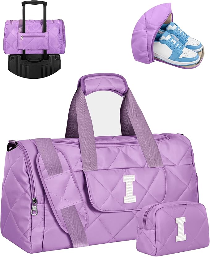 Travel Duffel Bags, Personalized Gifts for Her, Quilted Puffer Duffel Bag for Women Teen Girls, Carry on Bag with Trolley Sleeve, Travel Bag with Toiletry Bag, Travel Essentials