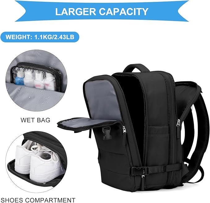 coowoz Large Travel Backpack For Women Men, Carry On Backpack,Hiking Backpack Waterproof Outdoor Sports Rucksack Casual Daypack Expandable Heavy Duty Extra large Backpack Black Expansion