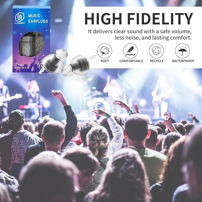 LYSIAN High Fidelity Concert Ear Plugs for Musicians & Festivals, Reusable Noise Reduction Earplugs for Live Music, Raves & Events, Comfortable Fit, 2 Pairs Value Pack, 23dB