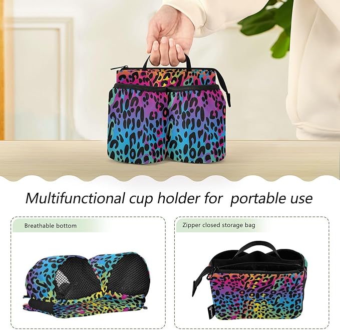 Luggage Cup Holder for Suitcases Free Hands Travel Cup Holder Portable Suitcase Cup Drink Holder Luggage Cup Caddy Bag Carrier Rainbow Leopard Print