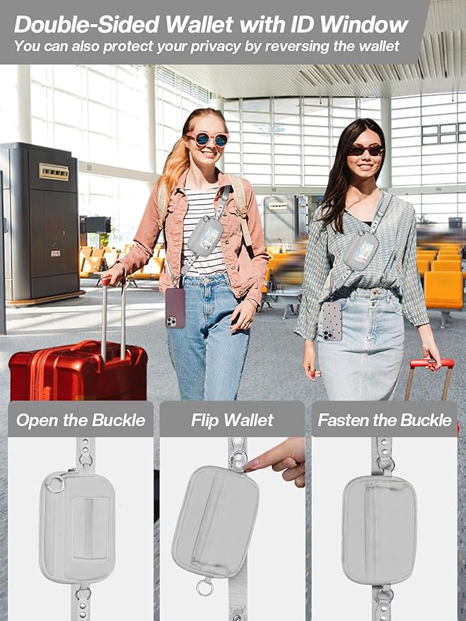 Tiostep Clip and Go Strap for Phone with Wallet Crossbody Phone Lanyard Adjustable and Detachable RFID Wristlet Wallet with ID Window and Zipper, Grey