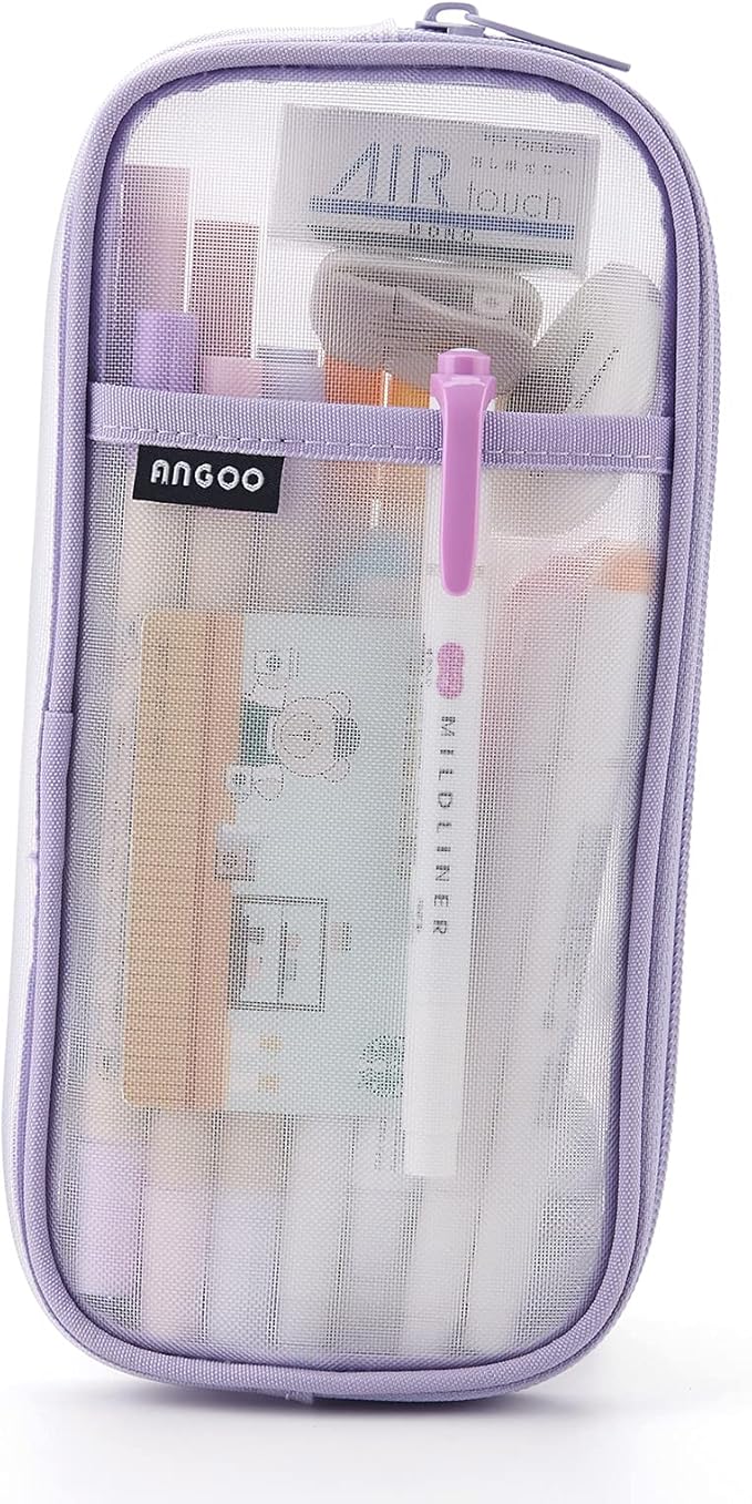EASTHILL Grid Mesh Pen Pencil Case with Zipper Clear Makeup Color Pouch Cosmetics Bag Multi-Purpose Travel School Teen Girls Transparent Stationary Bag Office Organizer Box for Adluts(Purple)