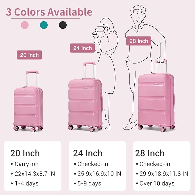 Kono Carry On Luggage 24 Inch Checked-Medium Hard Shell Travel Trolley 4 Spinner Wheels Lightweight Polypropylene Suitcase with TSA Lock, Pink