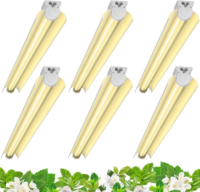 Barrina 3FT T8 Grow Light, 30W Full Spectrum Plant Light, Yellow, 6 Packs | 180W(6 x 30W) 1000W Equivalent Growing Lamp Fixture, Linkable, V-shaped Reflector, LED Grow Light Strips for Greenhouse