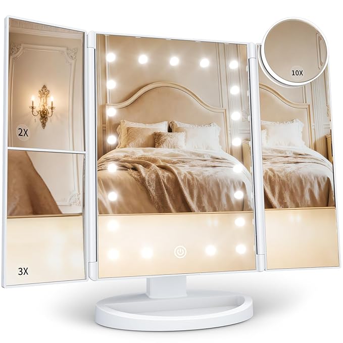 HUONUL Makeup Mirror, Vanity Mirror with Lights, 2X/3X/10X Magnification, Touch Control, Trifold, Dual Power Supply, Mothers Day, Birthday Gifts for Mom,Gifts for Women,Girls, Dorm Room Essentials