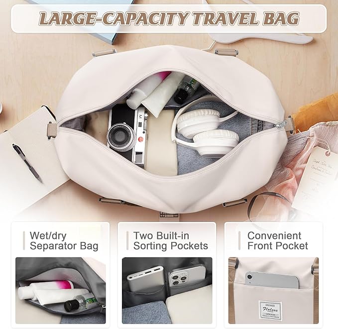 BJLFS Sports Duffel Bags for Women Beige Weekender Travel Totes Bag for Airplane, Cute Sports Gym Dance Overnight Luggage Bag with Wet Pocket, Carry On Hospital Bag for Labor and Delivery