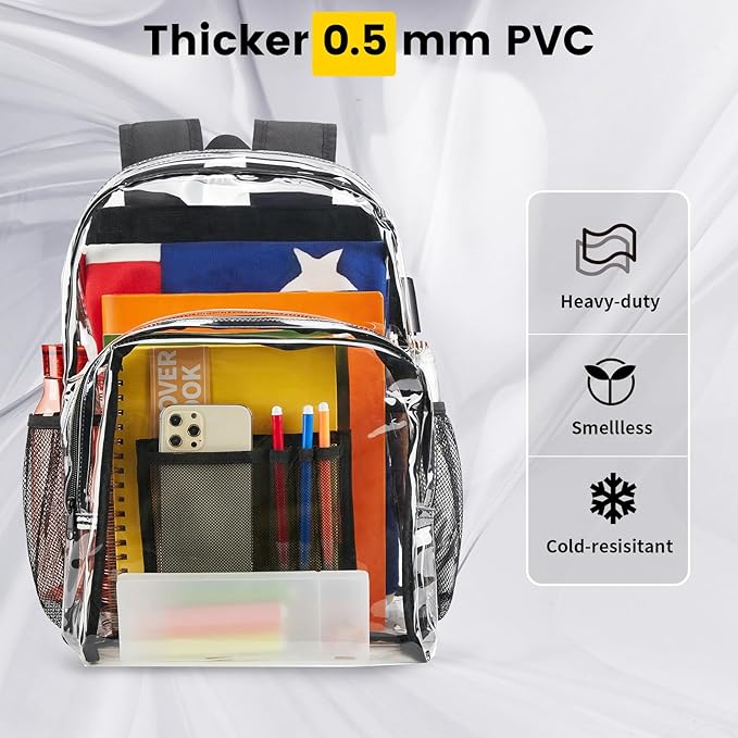 Vorspack Clear Backpack Heavy Duty PVC Transparent Backpack Extra Large Clear Backpacks with Reinforced Strap for College Workplace Security - Black