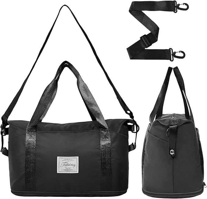 Travel Duffel Bag - Large Shoulder Weekender Overnight Bag, Carry on Bags with Wet Pocket, Waterproof Expandable Duffel Bags with Trolley Sleeve for Sports Travel Gym, Black