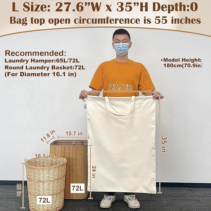 Canvas Laundry Bag with Handles & Drawstring Closure 27.5”Wx35"H, Thick Laundry Bag Large Heavy Duty Washable Dirty Clothes Travel Sack for Camp, College Dorm, Laundromat (Beige L, 2 Pack)
