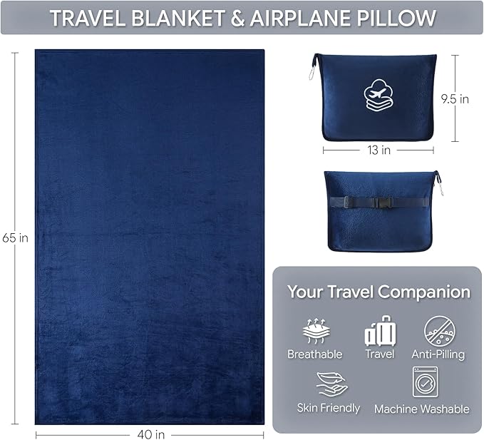 Travel Blanket, Soft 2-in-1 Airplane Blanket, 65x40 Inches, Travel Essentials Car Blanket with Luggage Sleeve & Backpack Clip (Navy Blue)