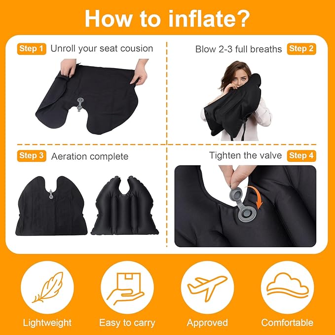2 Pack Inflatable Seat Cushion, Lightweight, Waterproof, Suitable for Office/Home Chair Pad and Lumbar Pillow Support,Portable Air Seat Cushion for Travel,Car,Outdoor Stadium and Camping,Black