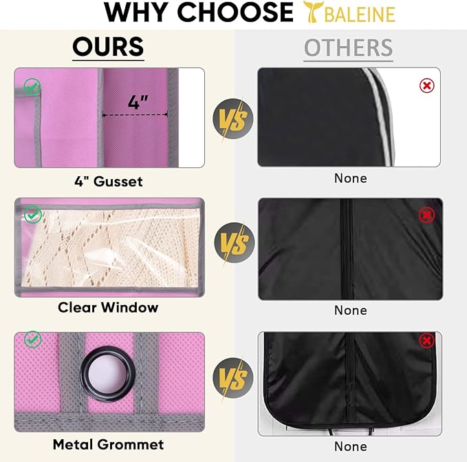 BALEINE 5PK Heavy Duty Garment Bag with Shoe Storage Travel Bag for Dresses, Suit, Coats Travel Essential (60", Pink)