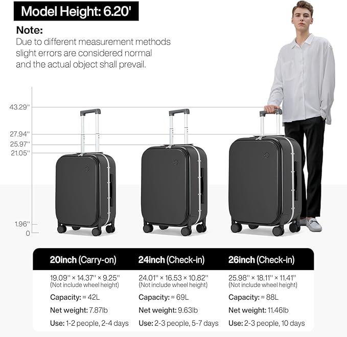 mixi 24 Inch Carry On Luggage 22x14x9 Airline Approved PC Hard Shell Suitcase Top Opening Aluminum Frame Travel Suitcases with Wheels, Blcak