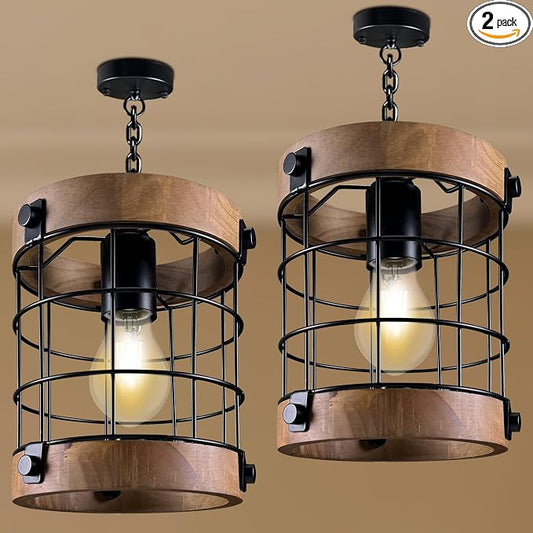 Farmhouse Pendant Light Fixtures, Wood & Metal, E26 Max 60W | Rustic Hanging Lamp for Kitchen, Sink, Entryway – Adjustable 47.2" Pipe, Sloped Ceiling Compatible, LED/Incandescent