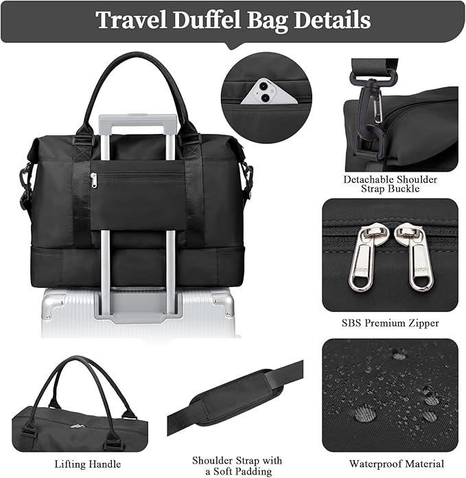 Weekender Bags for Women,Personal Item Travel Bag with Shoes Compartment,Overnight Travel Duffel Bag with Black GrayToiletry Bag