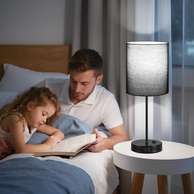 17.6" Black Touch Lamps for Bedroom Set of 2 - Dimmable, USB C+A, AC Outlet | Large 17.6" Tall Lamp, 3-Way Dimming, 5000K Daylight Bulbs, Black Lampshade Black Base, for Living Room, Boys, Men, Girls