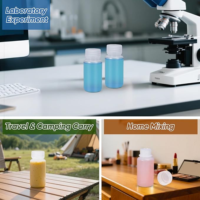 DEMORA 2 oz Small Plastic Bottles with Caps, Airtight Refillable Wide Mouth Travel Bottles for Toiletries, HDPE Food Grade Plastic Containers for Liquids Pill Sample Lab Reagent (Translucent, 4 Pcs)