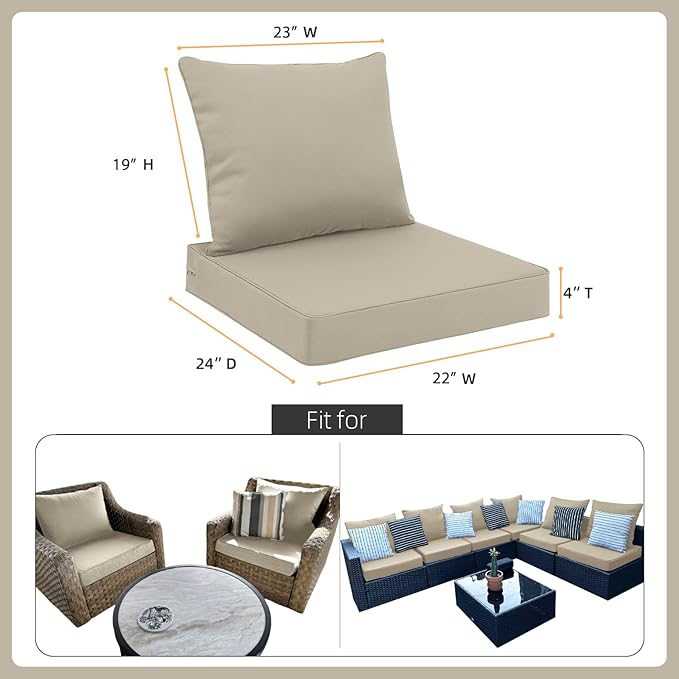 Favoyard Outdoor Seat Cushion Set 22 x 24 Inch Waterproof & Fade Resistant Patio Furniture Cushions with Removable Cover Deep Seat & Back Cushion with Tie Straps for Chair Sofa Couch