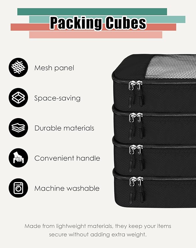 4-Piece Packing Cubes Travel Accessories Set for Suitcases - Luggage Organizer Bags with Double Zipper - Mesh Top - Medium - Black