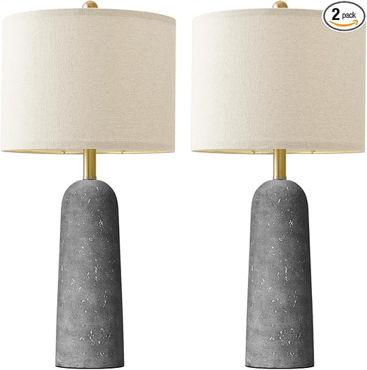 BOBOMOMO 27.25" Modern Table Lamp Set of 2, Gray Resin Lamp with Natural Stone Look, Lamps for Living Room with Linen Shades, Nightstand Lamp for Bedroom, Living Room, Entryway