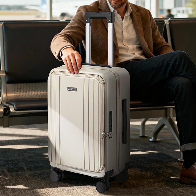 Carry On Luggage Top Opening with Cup Holder & Phone Holder, Expandable PC Hard Shell Suitcase, USB Charging Port, Side Hook, 360° Spinner Wheels, TSA Lock & YKK Zippers for Women Man Gifts