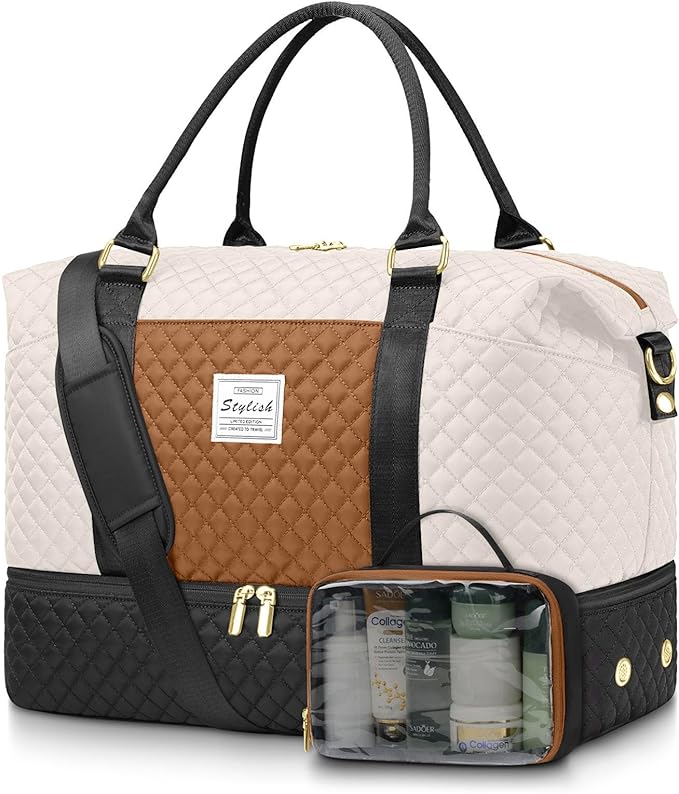 Travel Overnight Bag Weekender Bags - Duffle Bag Women with Shoe Compartment Carry on Tote Bag with Toiletry Bag Gym Duffel Bag with Wet Pocket Hospital Bags for Labor and Delivery Black White Brown