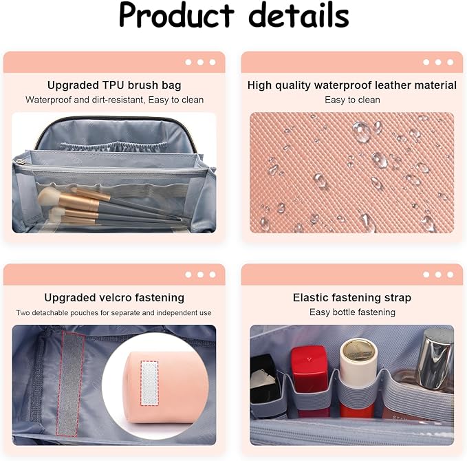 BOYATU Travel Makeup Bag Organizer Cosmetic Bag: 3 Pcs Set Make up Bags for Women with Handle - Waterproof Vegan Leather Toiletry Bags Travel Essentials Pouch with Compartments (C-05-Pink)