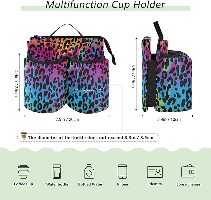 Luggage Cup Holder for Suitcases Free Hands Travel Cup Holder Portable Suitcase Cup Drink Holder Luggage Cup Caddy Bag Carrier Rainbow Leopard Print
