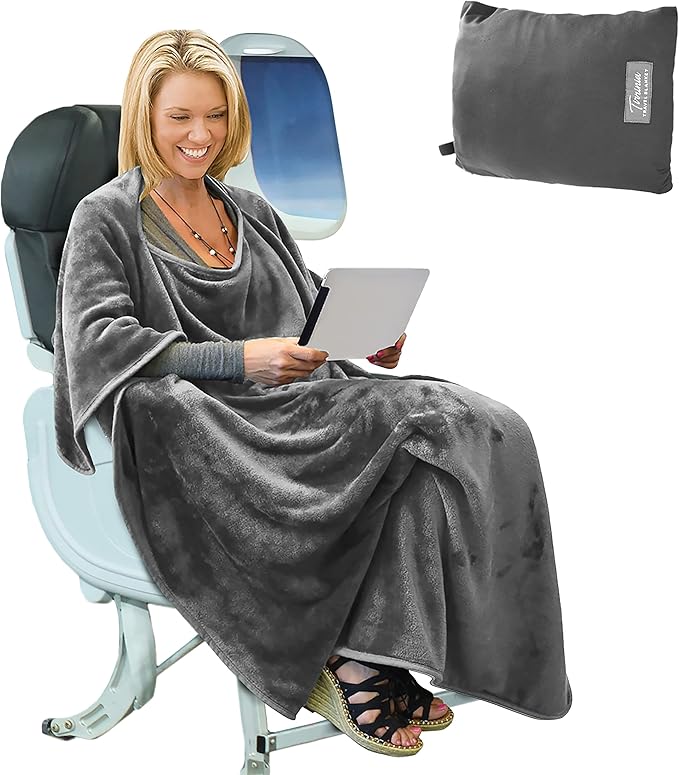 Tirrinia Travel Blanket Airplane Office Poncho 4 in 1 Premium Cozy Fleece Portable Poncho Blankets with Built-in Bag, Pocket
