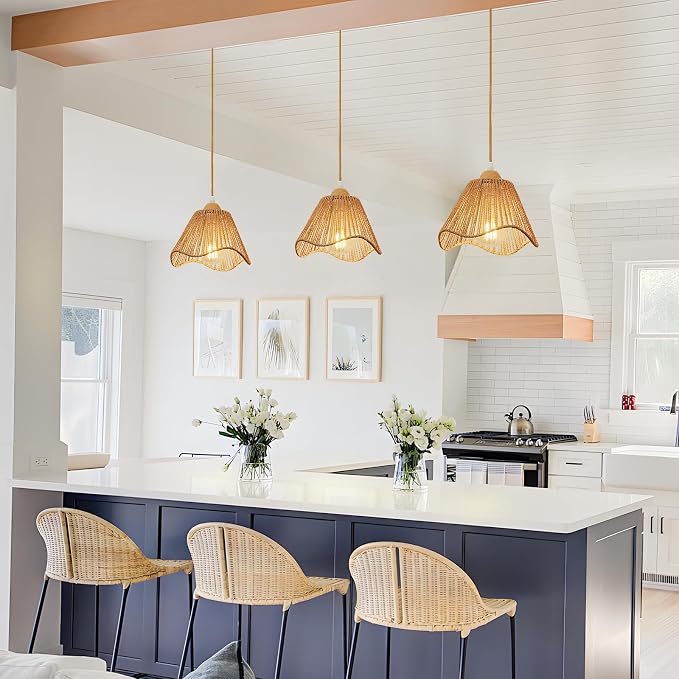 Boho Rattan Pendant Light for Kitchen Island Wave Hanging Lamp | Handwoven Rattan Shade Adjustable Height 10-57 Inch E26 Base Farmhouse Chandeliers for Kitchen Islands And Dining Rooms