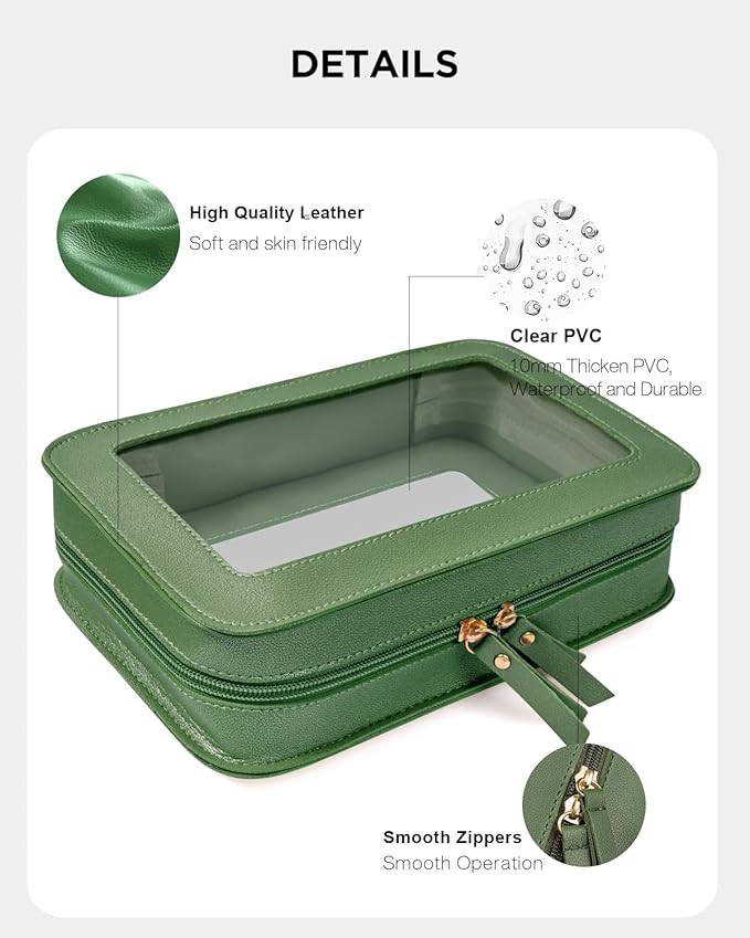 LETGO Clear Makeup Bags, TSA Approved Toiletry Bag with Zipper, Travel Makeup Organizer Fit Carry-on Travel Essentials,Small Cosmetic Bags Pouch for Women Men (Clear-Vintage Green)