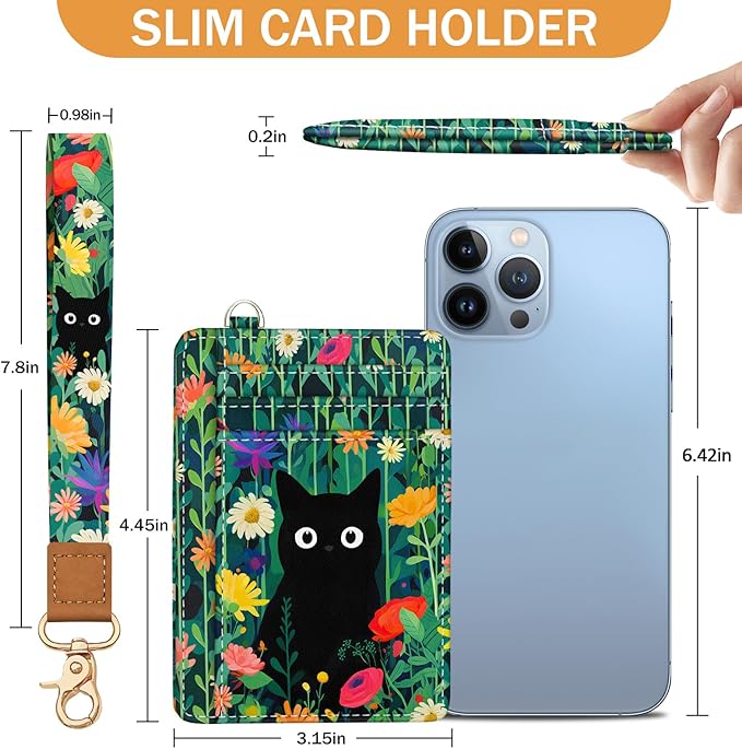 Yonlevres Cat Flower Credit Card Holder Slim Wallet, RFID Wallet Women Front Pocket Wristlet Lanyard, Small Card Holder Travel Funny Cute Thin ID Window PU Leather Case Organizer Gifts Girl