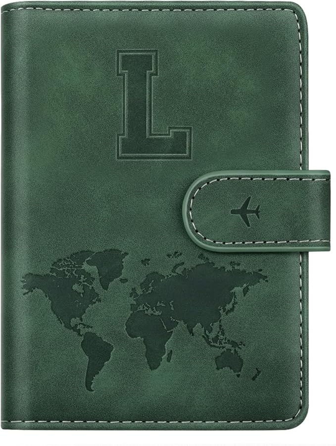 Personalized L Passport Holder Cover Initial Letter Travel Wallet RFID Blocking Passport Cover Credit Card Holder Case Passport Book Holders for Women and Men, Pine Green-L
