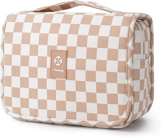 Narwey Small Hanging Travel Toiletry Bag for Traveling Women, Checkered Travel Bag for Toiletries, Makeup Bag Organizer Make Up Cosmetic Bags (Light Brown Checkerboard)