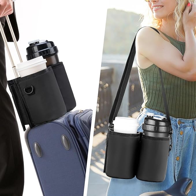 Luggage Cup Holder Travel Drink Bag Luggage Drink Caddy with Shoulder Strap, Thermal Insulation and Zipper Pocket, Travel Accessories Gifts for Flight Attendants, Fits Roll on Suitcase Handles (Black)