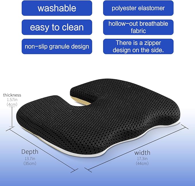 Air Fiber Seat Cushion for Office Chair, Breathable U-Shape Tailbone Relief Cushion for Desk Chair, Washable Ergonomic Chair Pad for Driving & Gaming, Cooling Mesh Back Support(Black, 15.7″*19.7″)