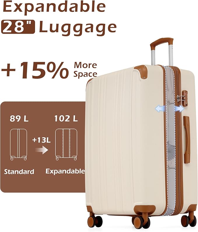Coolife Luggage, Suitcase with Durable and Lightweight, Large Checked Luggage with ABS Hardshell Expandable, Dual Spinner Wheels, TSA Lock, and YKK Zipper (apricot white, L(28in))
