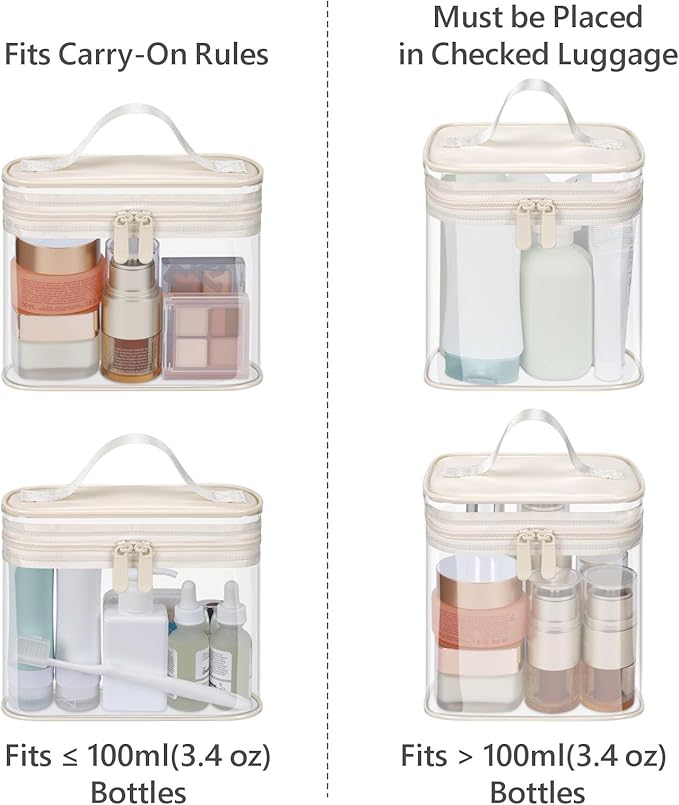 PACKISM Clear Toiletry Bag Combo Pack - 1 TSA Approved Medium & 1 Large Makeup Bag for Checked Luggage, Clear PVC Travel Bag with Handle, Dual Metal Zippers, Water Resistant Large Opening, Beige