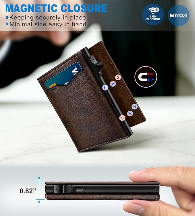 miyozi Wallet for Men,with Cash Pocket 2 ID Window 9-13 Cards,Metal Case Smart Slim Pop Up Credit Card Holder Flip with Magnetic Closure RFID Blocking Trifold wallet with Gift Box