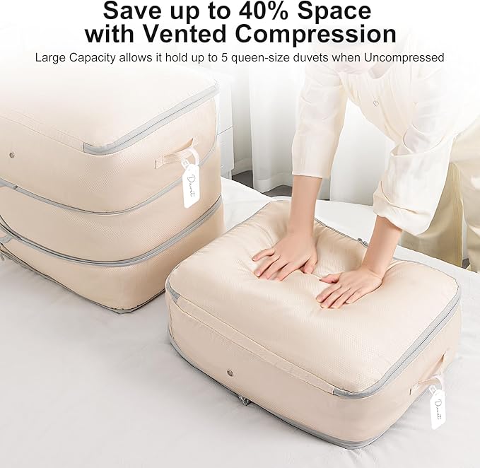 Comforter Storage Bag - Ultra Space Saving Self Compression Organizer 110L, Large Capacity Blanket Storage Bags, Washable Compression Bags for Storage 3 Pack, Beige