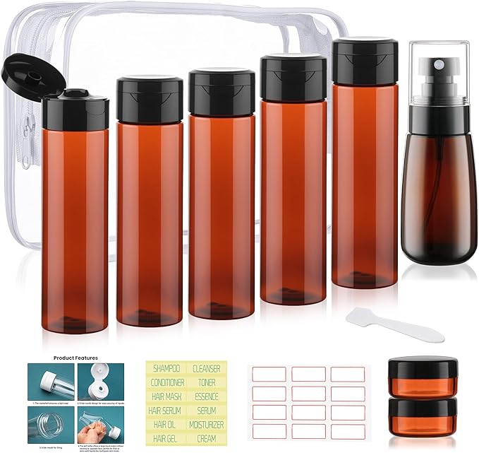 9 PCS 3.4oz Travel Bottles for Toiletries TSA Approved Travel Size Containers Leak Proof Plastic Squeeze Bottle Small Cream Jars & Refillable Spray Bottle for Shampoo Conditioner Toner(Brown)