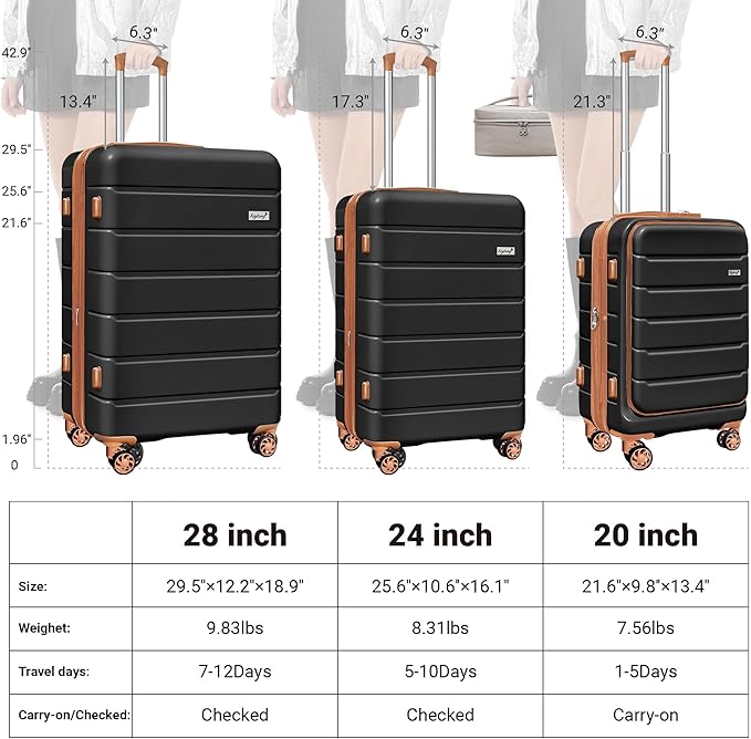 SmileLine 3-Piece Luggage Set Lightweight Hardside Suitcase TSA Lock Spinner Wheels, 20" Expandable Carry-On Luggage with Quick Access Front Open Pocket, Bonus Makeup Bag,Apricot Black